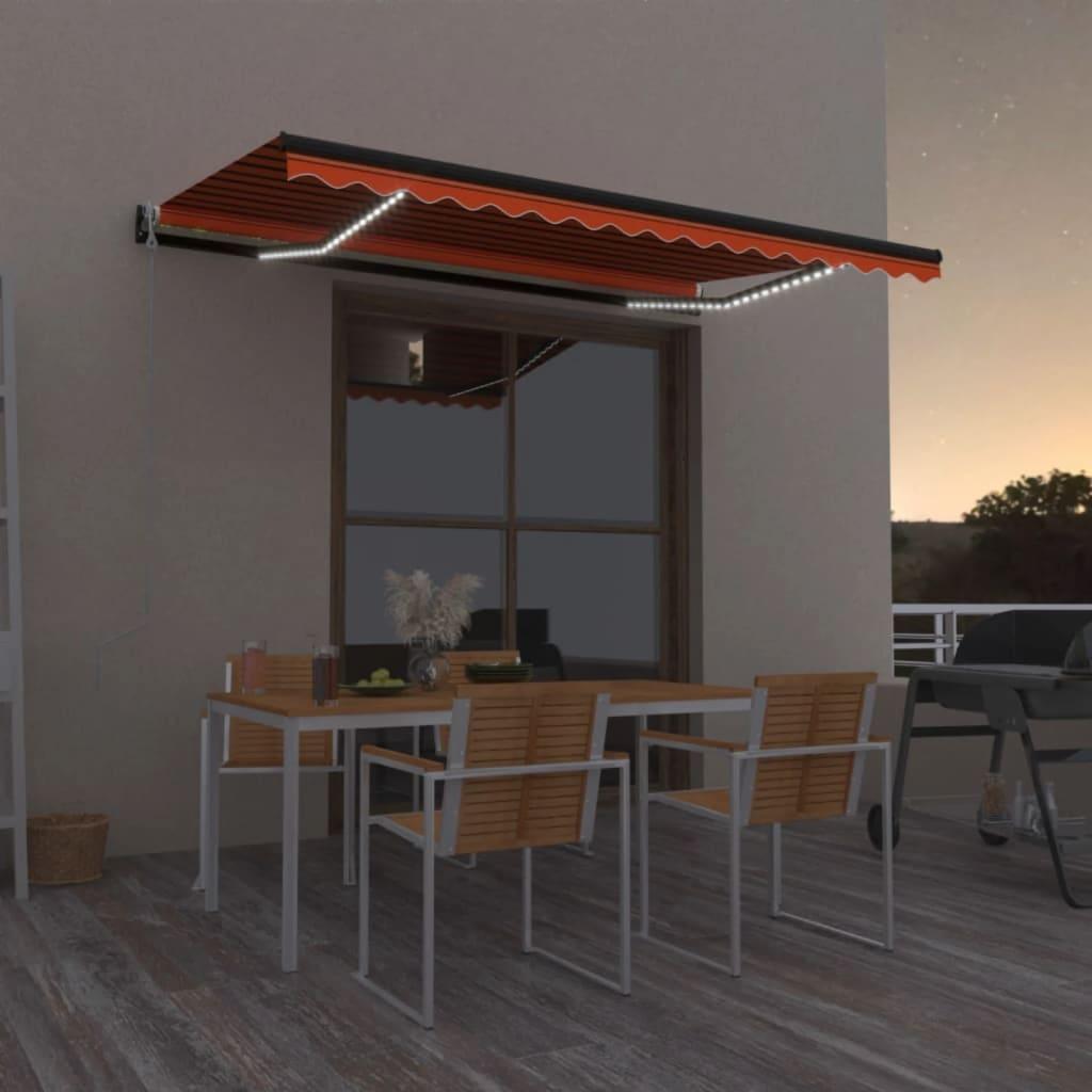 Markise m. LED + vindsensor 450x300 cm automatisk orange/brun billede