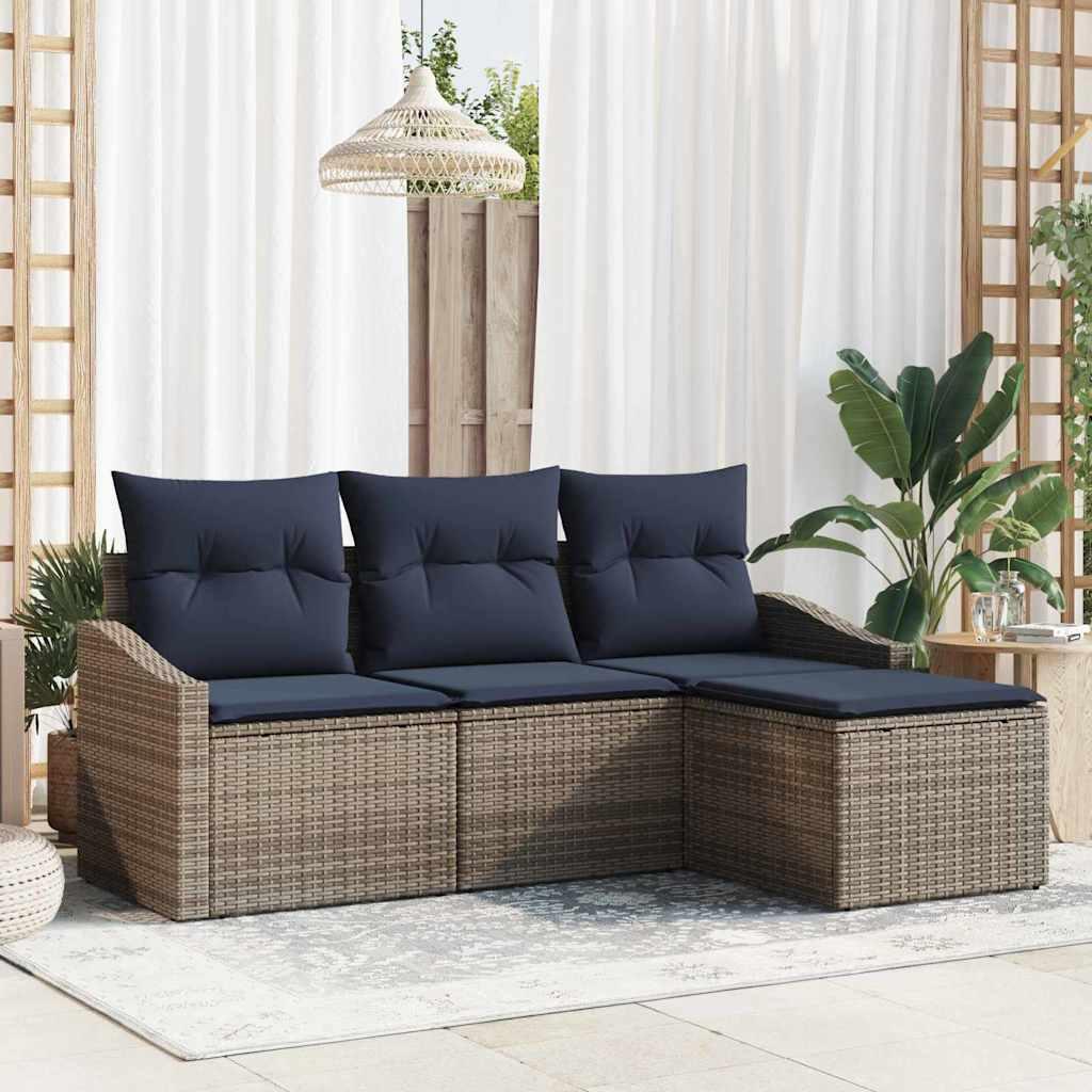 Sofa sæt med puder - 4 dele i grå og marineblå polyrattan, modulopbygget udesofa billede