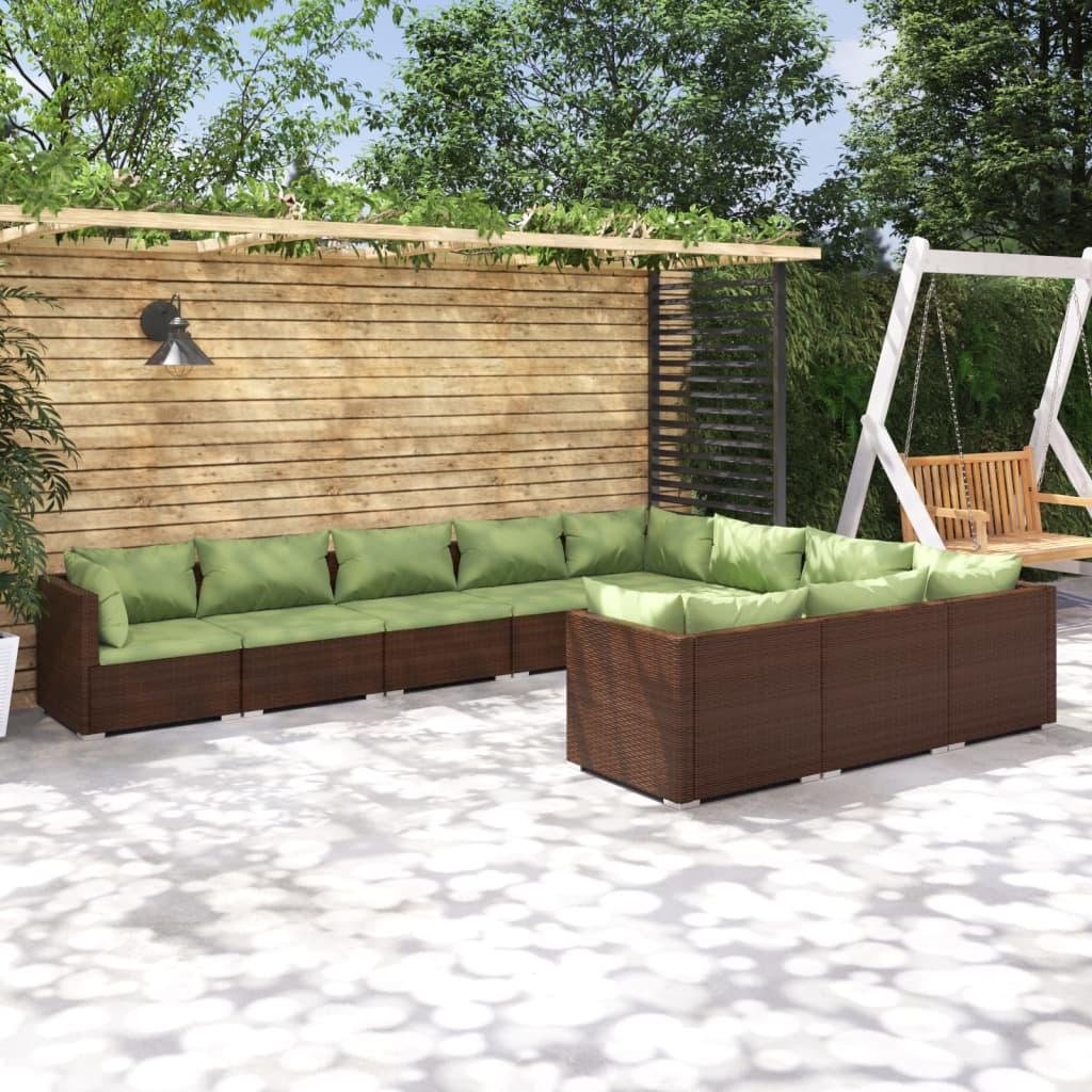 Loungesæt til haven 10 dele med hynder polyrattan brun billede