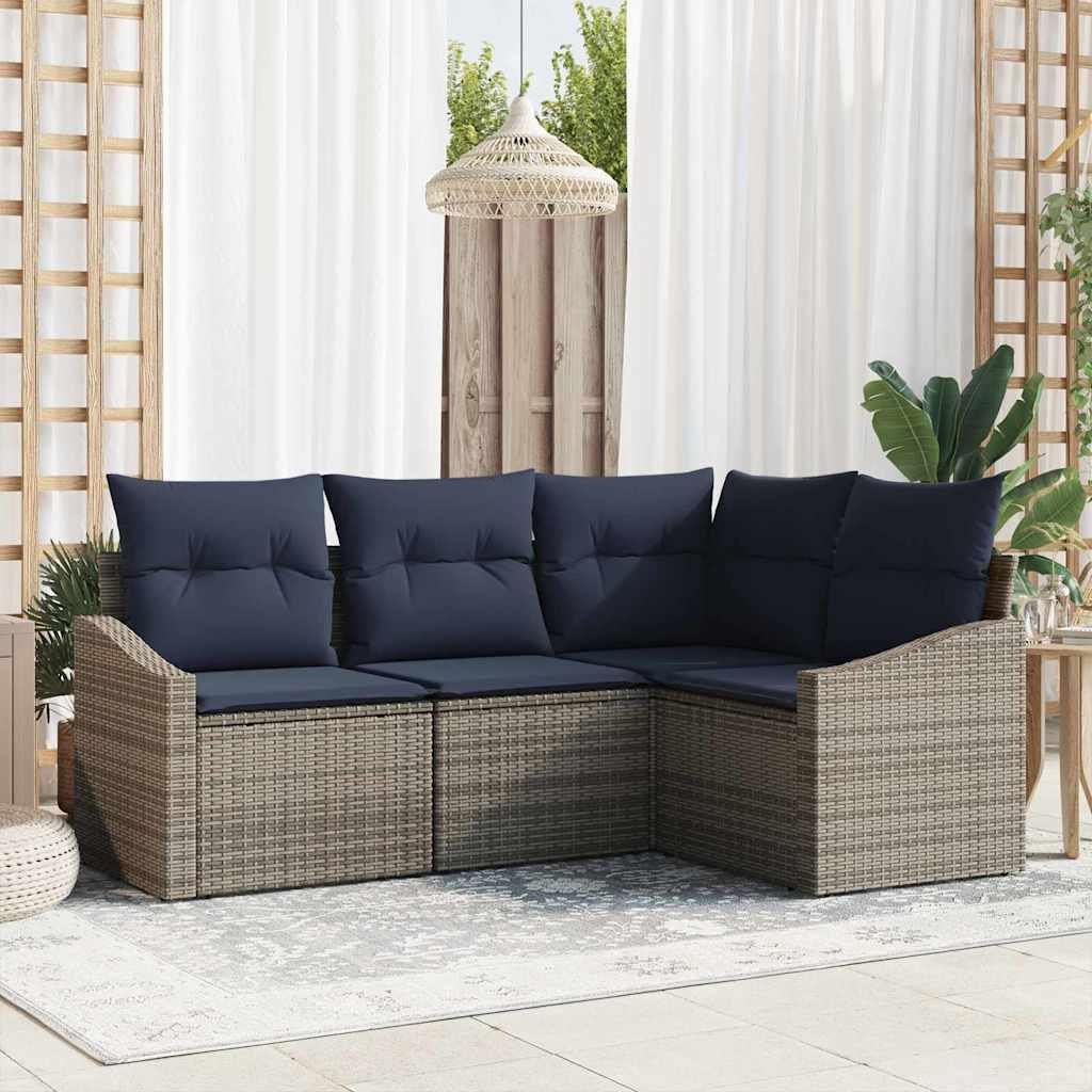 Havesofa Sæt med pude 4 stk Grå og Marineblå polyrattan billede