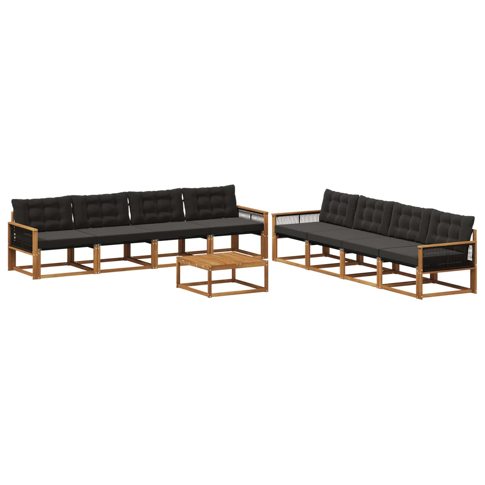 Udendørs sofagruppe i akacietræ med sorte puder - 9 dele