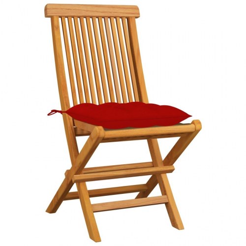 Havestole i massivt teaktræ - foldbare med røde hynder, 8 stk.