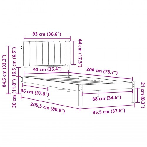 Sengestel med polstret hovedgavl 90 x 200 cm - naturfarvet og lysegrå