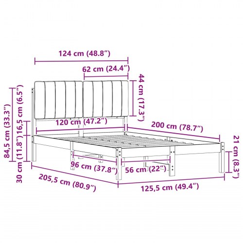 Sengestel med polstret hovedgavl 120 x 200 cm - naturfarvet og mørkegrå