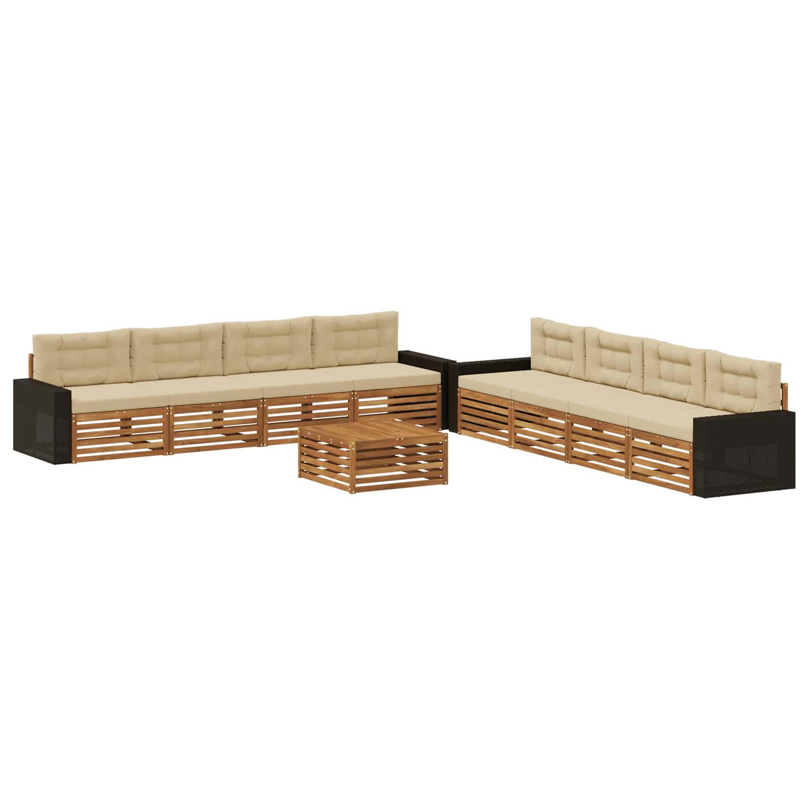 Udendørs sofagruppe i akacietræ med puder, 9 dele - naturlig/beige polyester