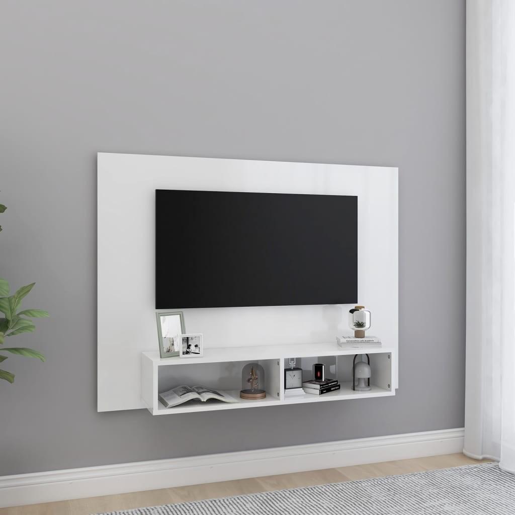 Væghængt tv-skab 120x23,5x90 cm konstrueret træ hvid højglans
