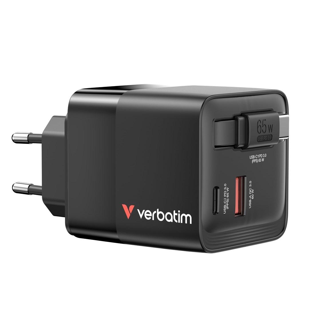 Verbatim GaN oplader 65 W - 2x USB-C PD + USB-A