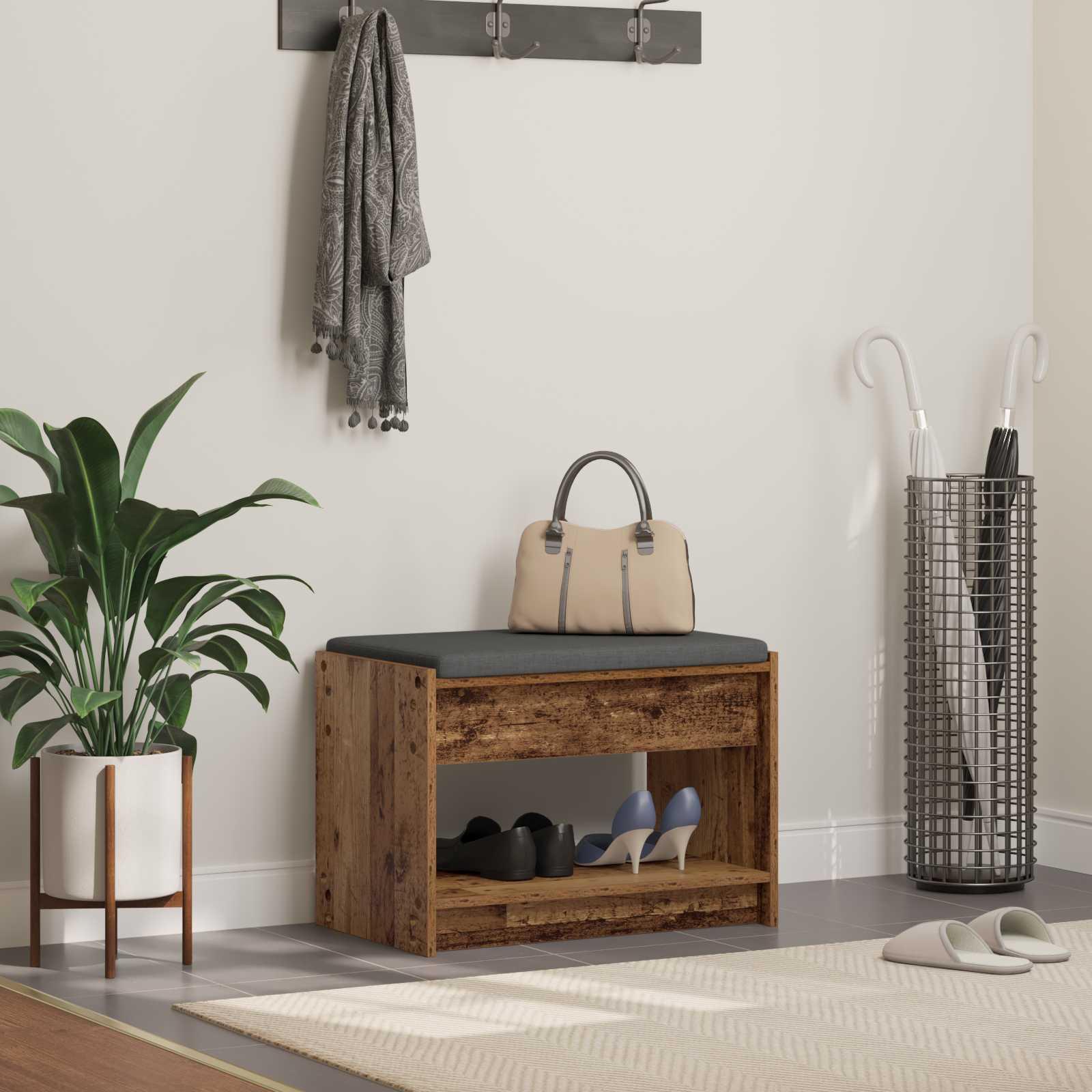 Hallbænk i gammelt trælook 63 × 38 × 45 cm - kunstigt træ med stofsæde billede