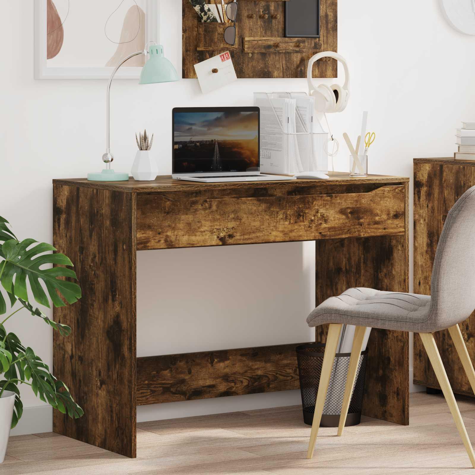 Skrivebord med skuffe Røget Eg 100 x 50 x 78 cm Konstrueret træ billede