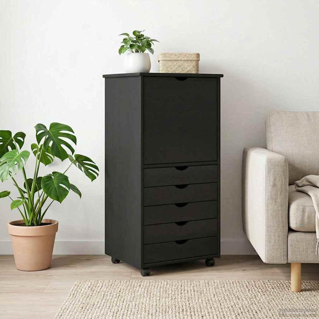 Rullende skab med hjul Sort 53 x 39 x 103 cm Massivt fyrretræ billede
