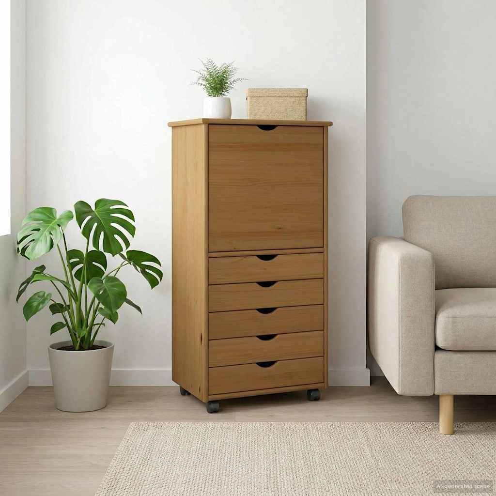 Rullende skab Honningbrun 53 x 39 x 103 cm Massivt fyrretræ billede
