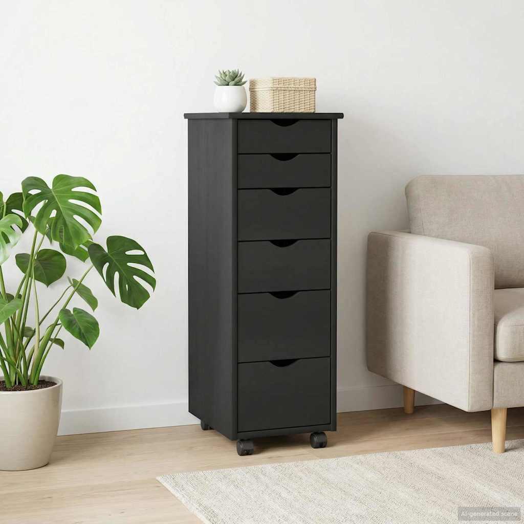 Rullende skab med hjul Sort 34 x 39 x 93,5 cm Massivt fyrretræ billede
