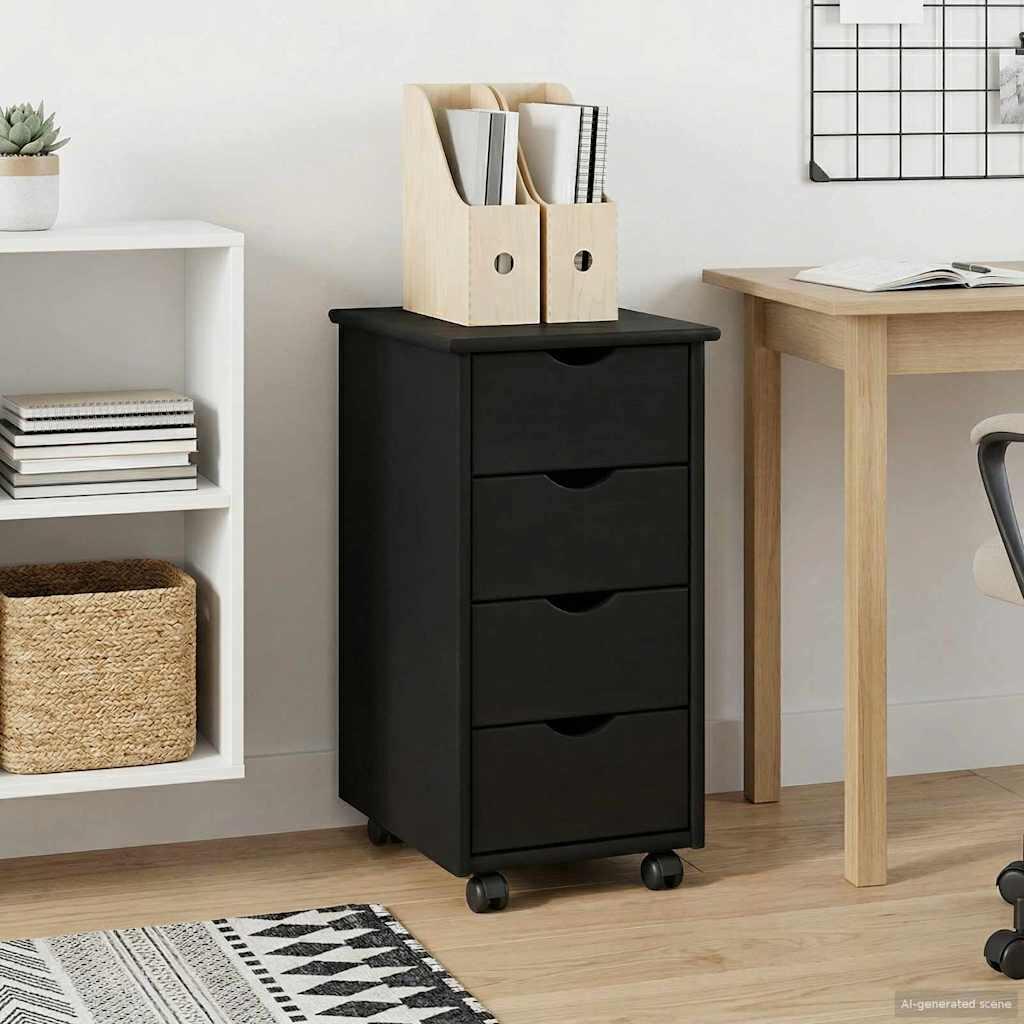 Rullende skab med hjul Sort 34 x 39 x 65,5 cm Massivt fyrretræ billede