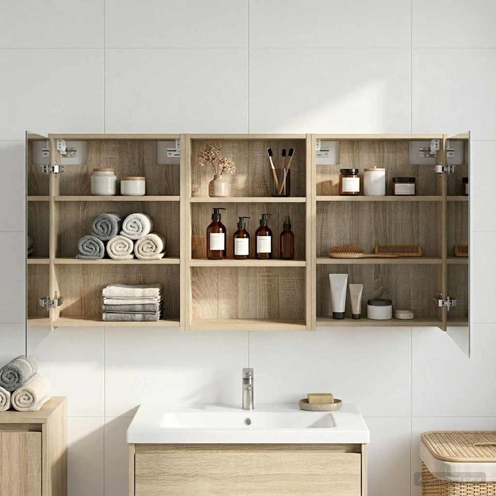 Badeværelsesskabsæt med spejl - 3 dele, 126 × 16 × 62,5 cm, konstrueret træ billede
