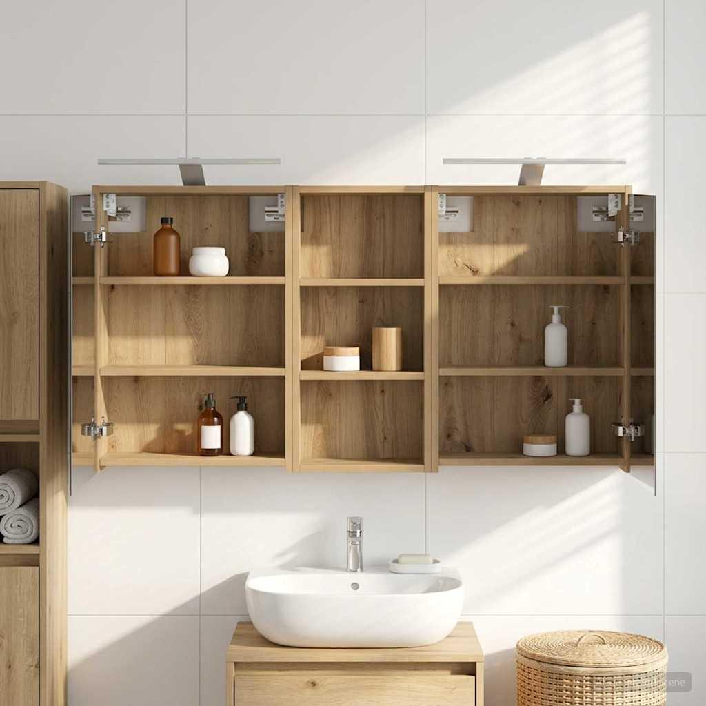 Badeværelsesskabsæt med spejl og LED - 3 dele, 116 × 16 × 62,5 cm, konstrueret træ billede