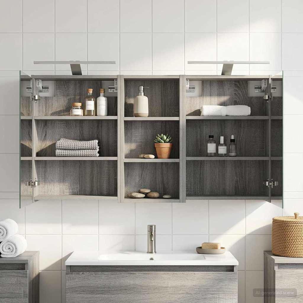 Badeværelsesskabsæt med spejl og LED - 3 dele, 116 × 16 × 62,5 cm, konstrueret træ billede