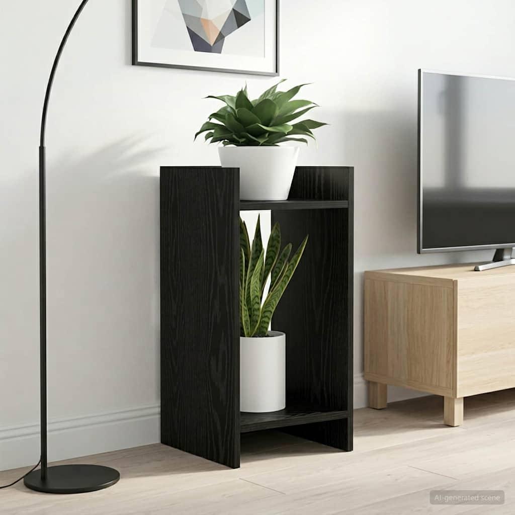 Planteholder med hylde Sort Eg 30 x 30 x 60 cm Konstrueret træ billede