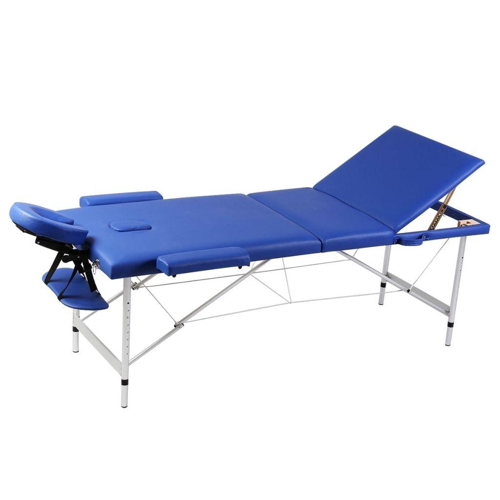 Blåt sammenklappeligt massagebord med 3 zoner og aluminiumsramme