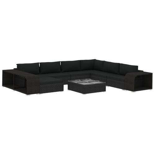 Haveloungesæt 10 dele med hynder polyrattan sort
