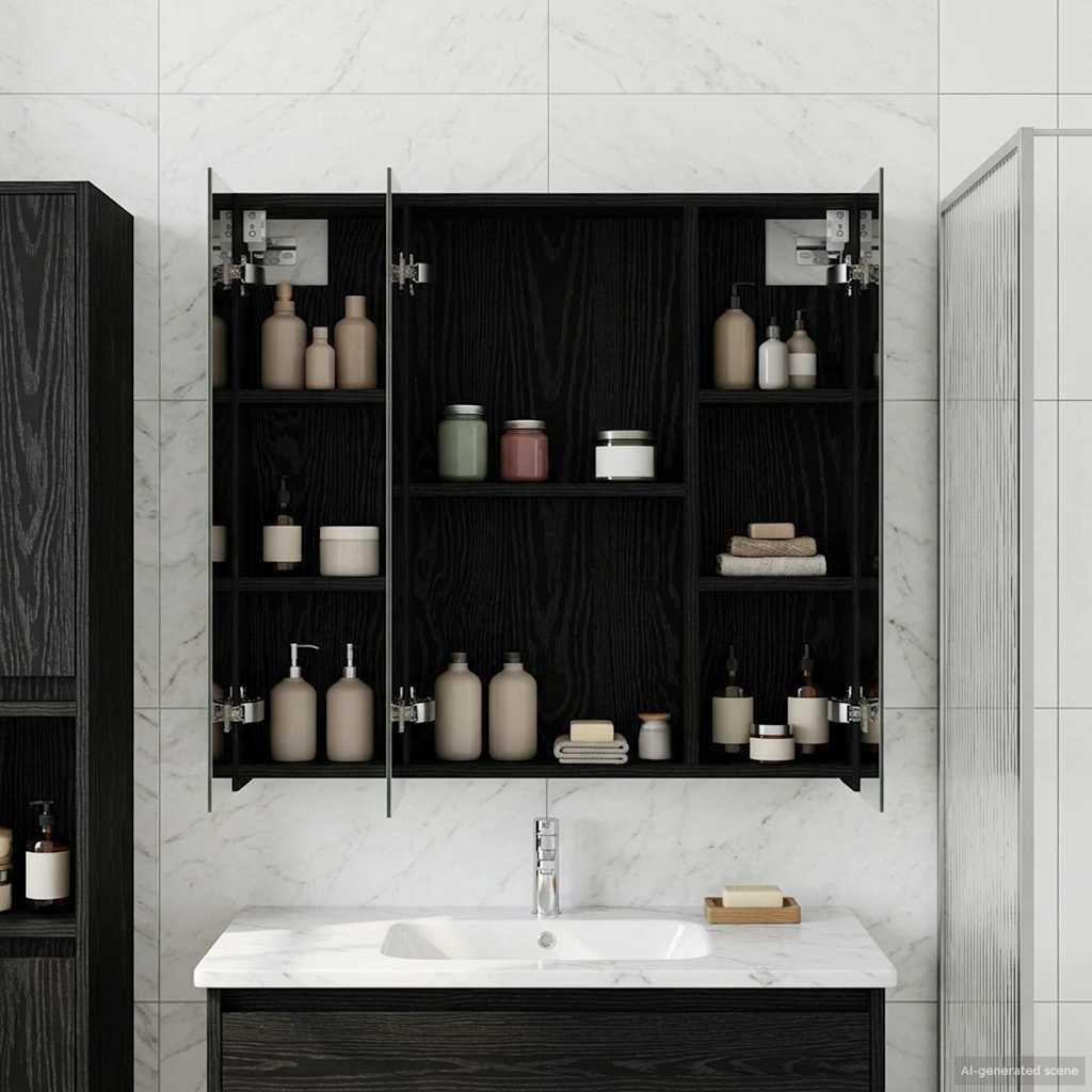 Badeværelsesspejlskab Sort eg 70 x 14,5 x 70 cm Konstrueret træ billede