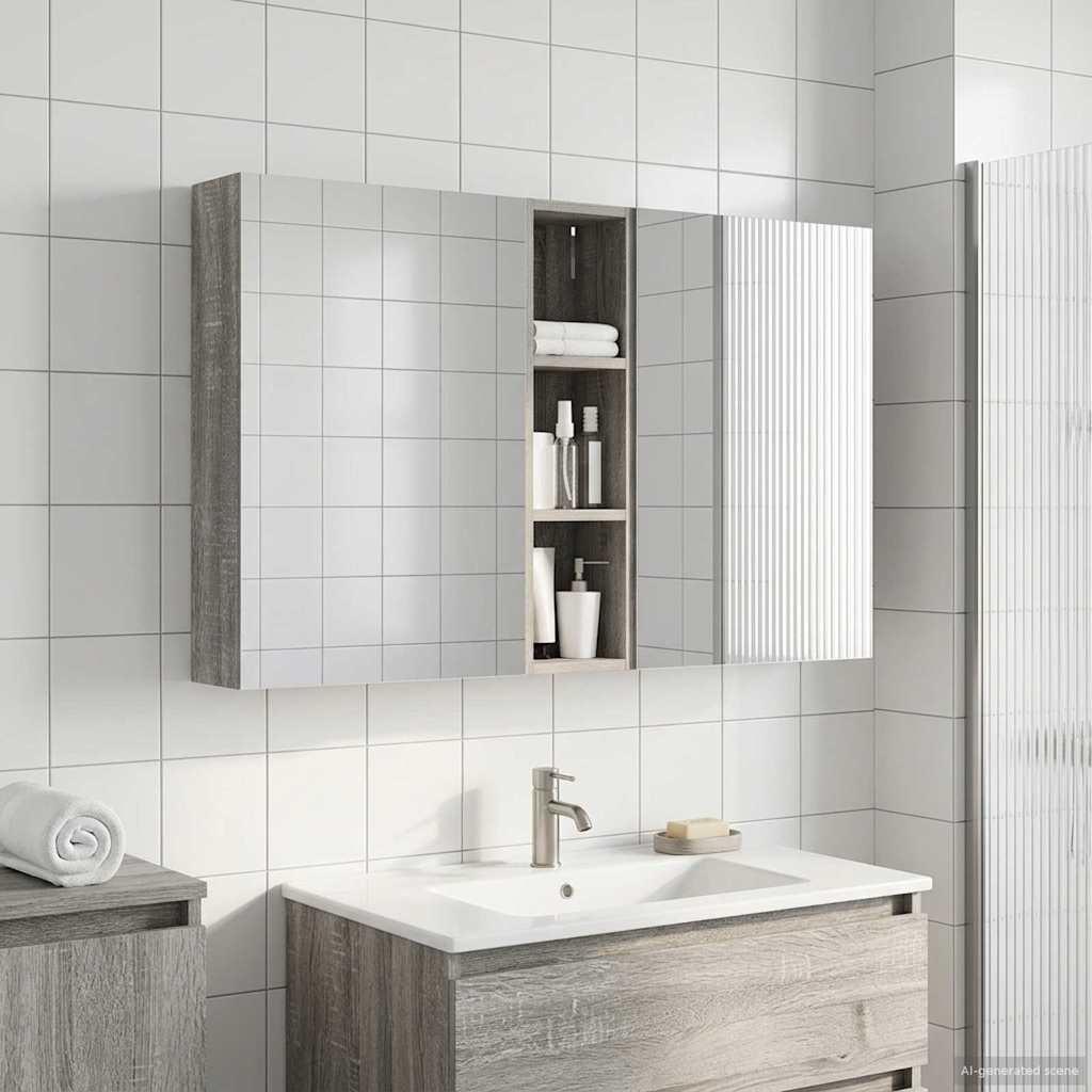 Badeværelsesskabsæt med LED og tovejs spejl - 120 × 14,5 × 70 cm, konstrueret træ, vægmonteret billede