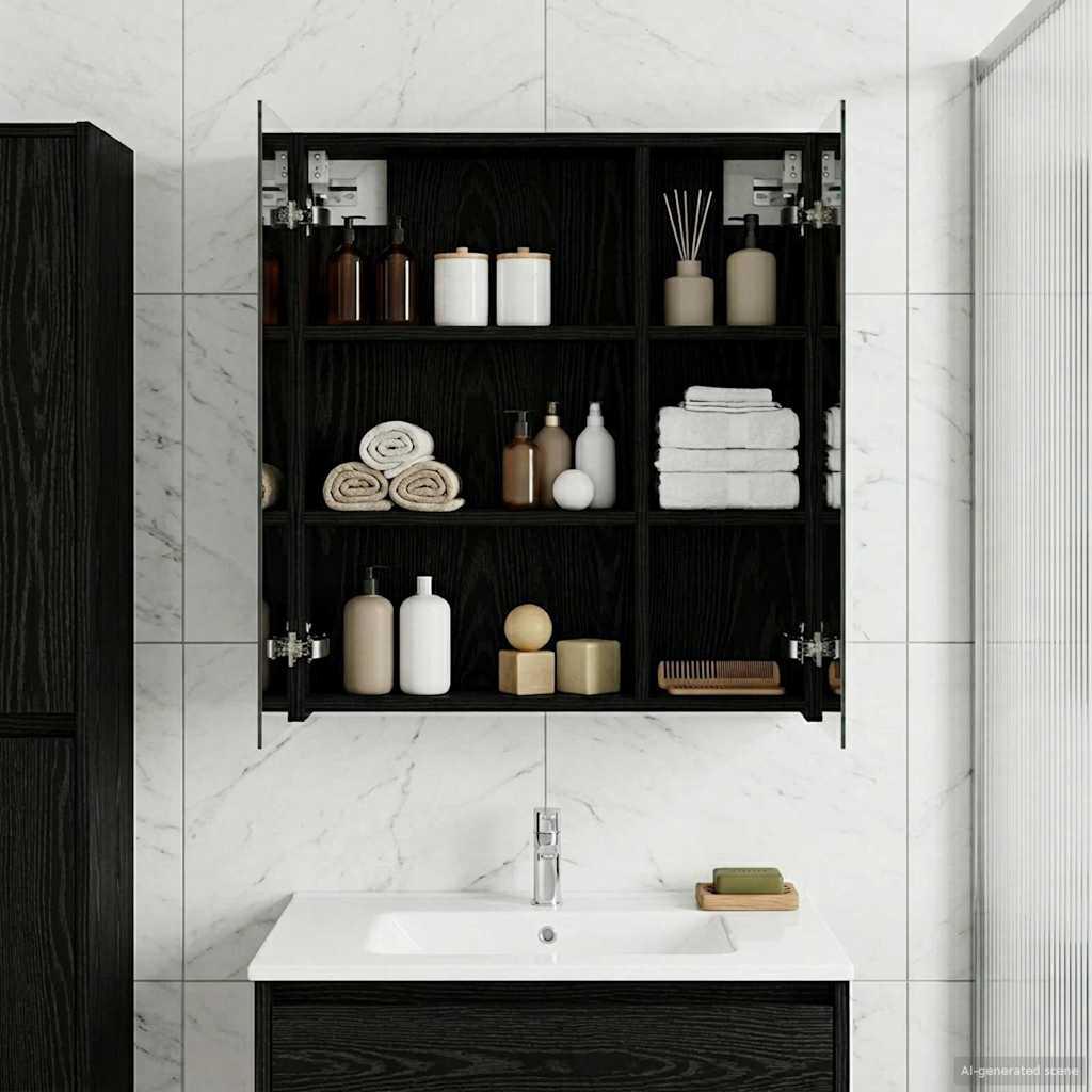 Badeværelsesspejlskab Sort eg 60 x 14,5 x 70 cm Konstrueret træ billede