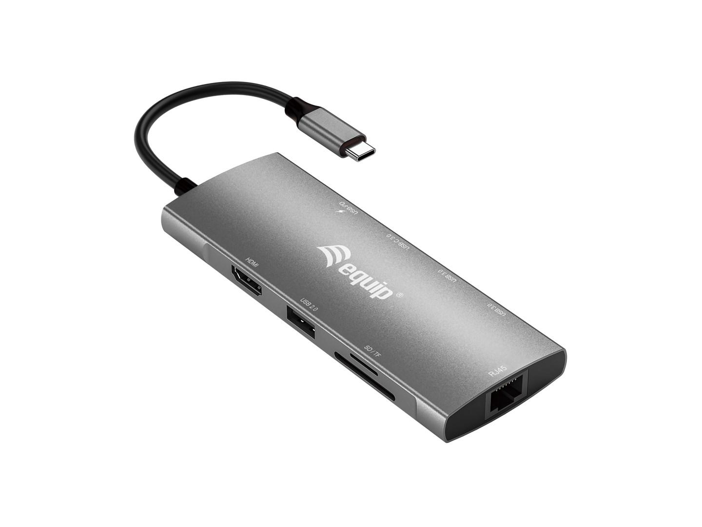 Equip USB‑C 9‑i‑1 multifunktionsadapter - HDMI 4K/60 Hz, Gigabit LAN, USB 3.2 Gen 1, SD/TF, 100 W USB PD billede