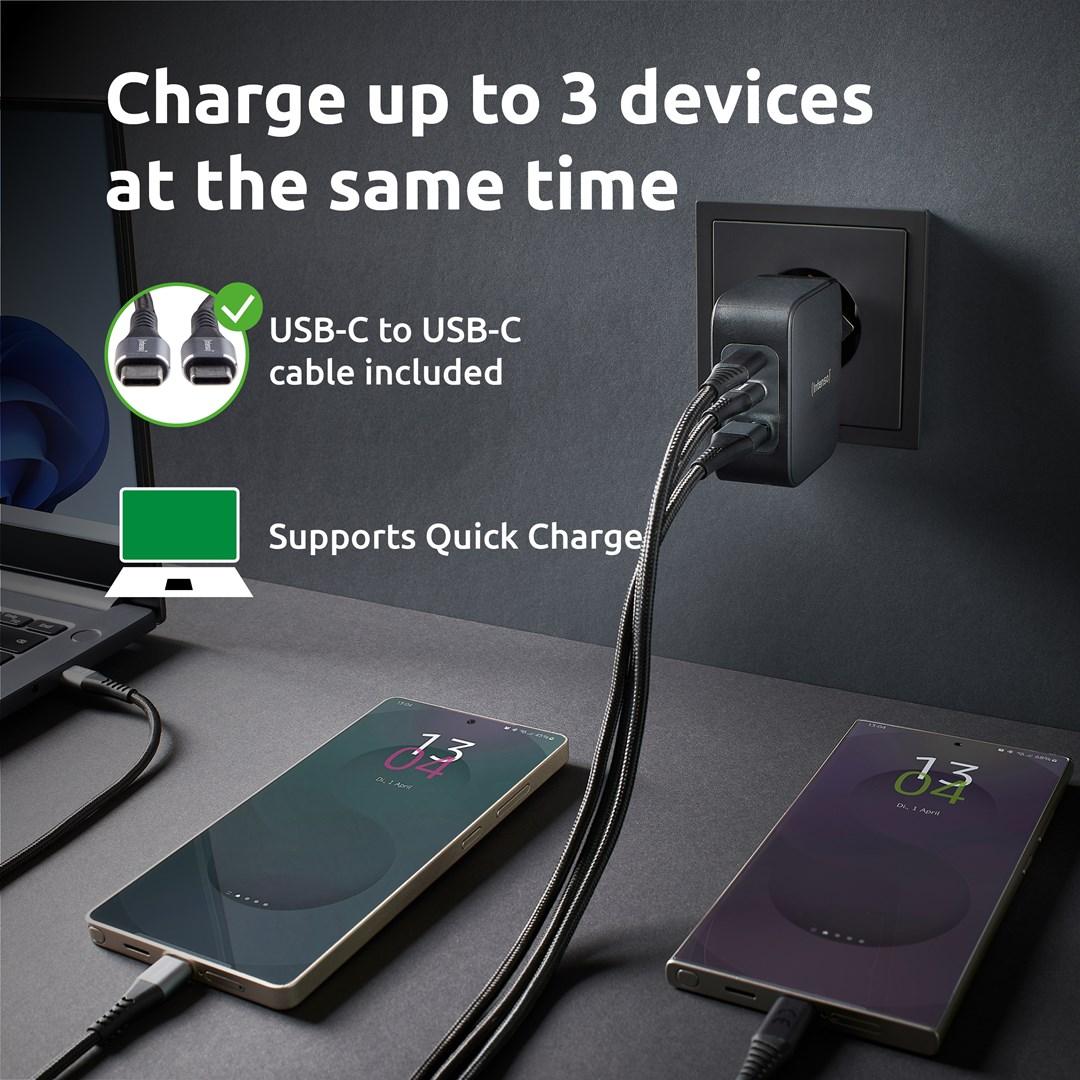 Intenso W100ACC+C520C GaN vægoplader 100 W med USB-C-kabel – Hurtig opladning, 3 porte, sort billede