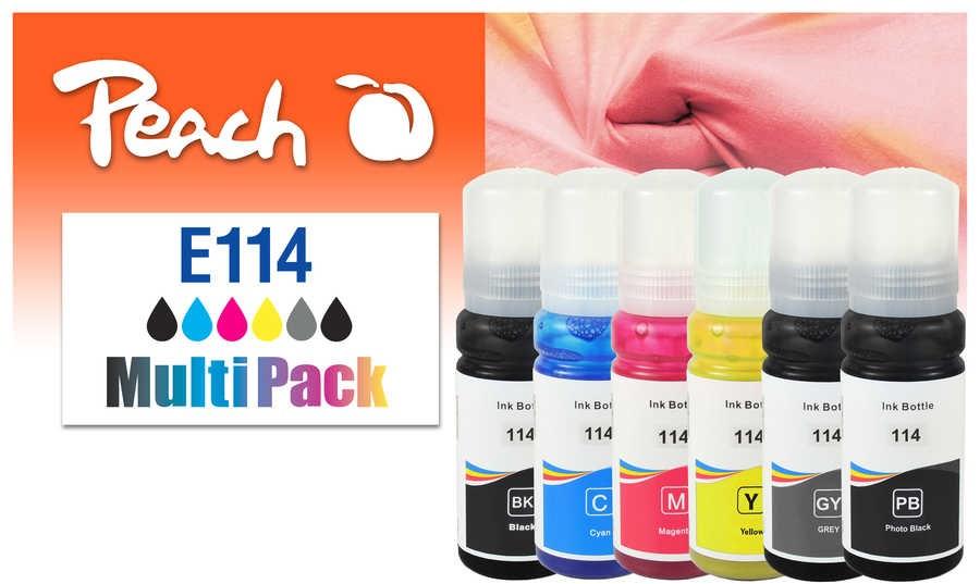 Peach E114 blækflasker – multipakke 6 stk, kompatibel til Epson, standardkapacitet – sort, cyan, grå, magenta, gul billede