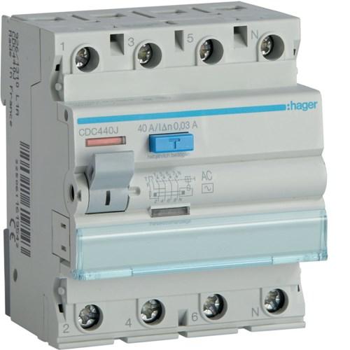 Hager CDC440J fejlstrømsafbryder - 40 A, 30 mA, 4-polet billede