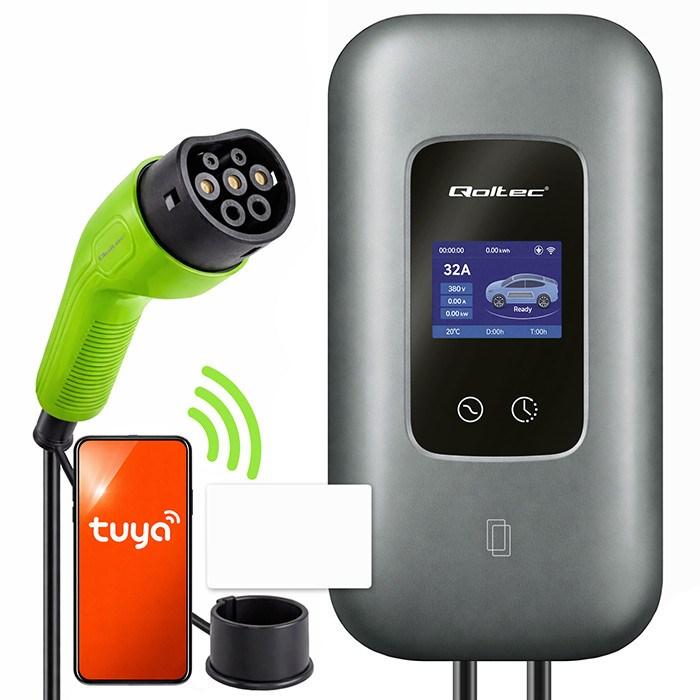 Qoltec wallbox ladeboks til elbil, Type 2 – 3 faser, 22 kW, 32 A, Wi‑Fi, LCD, RFID, Smart Life/Tuya, 5 m billede