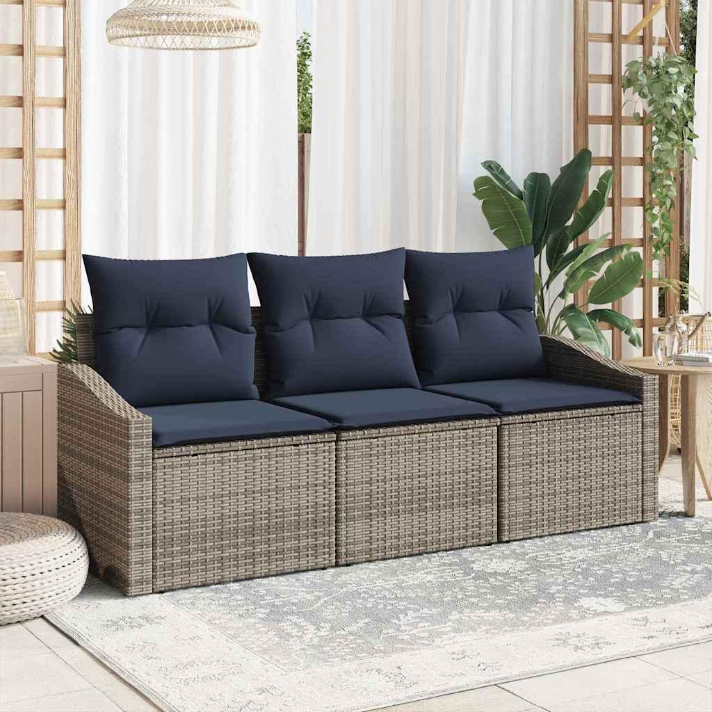 Havesofa Sæt med pude 3 stk Grå og Marineblå polyrattan billede