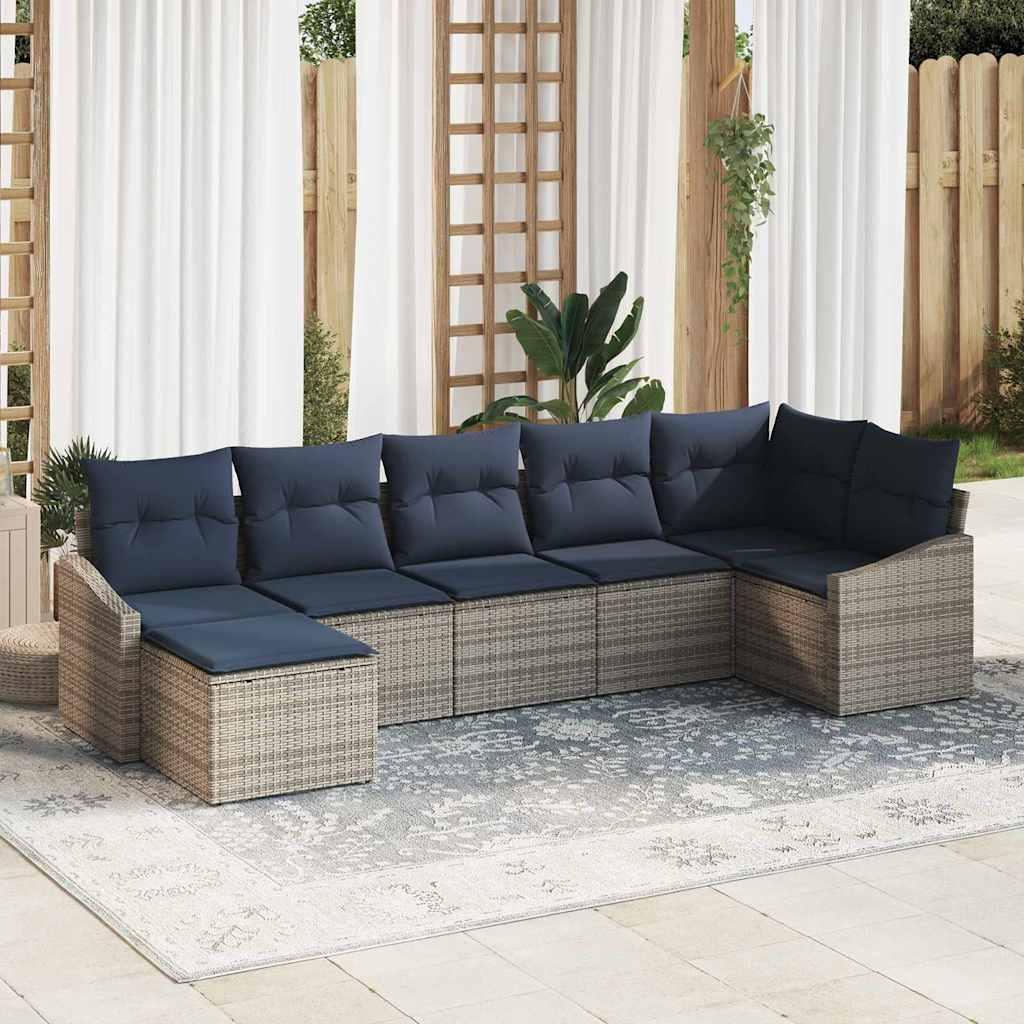 Havesofa Sæt med pude 7 stk Grå og Marineblå polyrattan billede