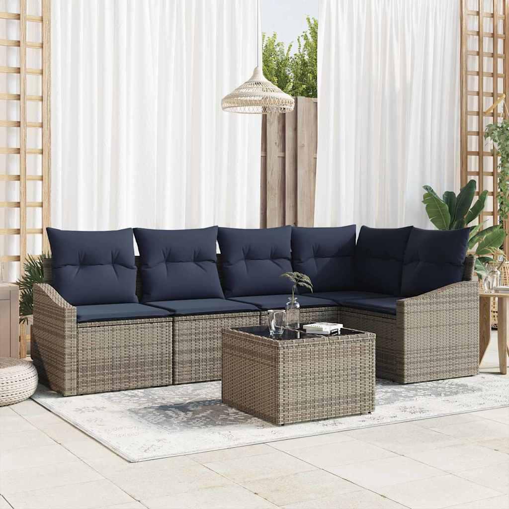 Havesofa Sæt med pude 6 stk Grå og Marineblå polyrattan billede
