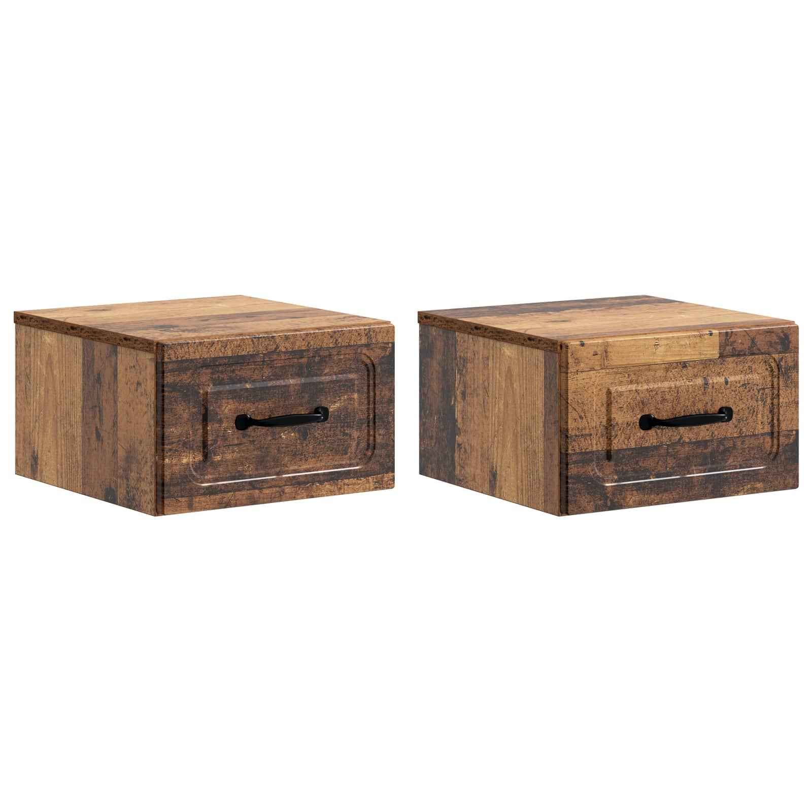 Væghængt Natbord med skuffe 2 stk Gammelt træ 34,5 x 33 x 20 cm billede