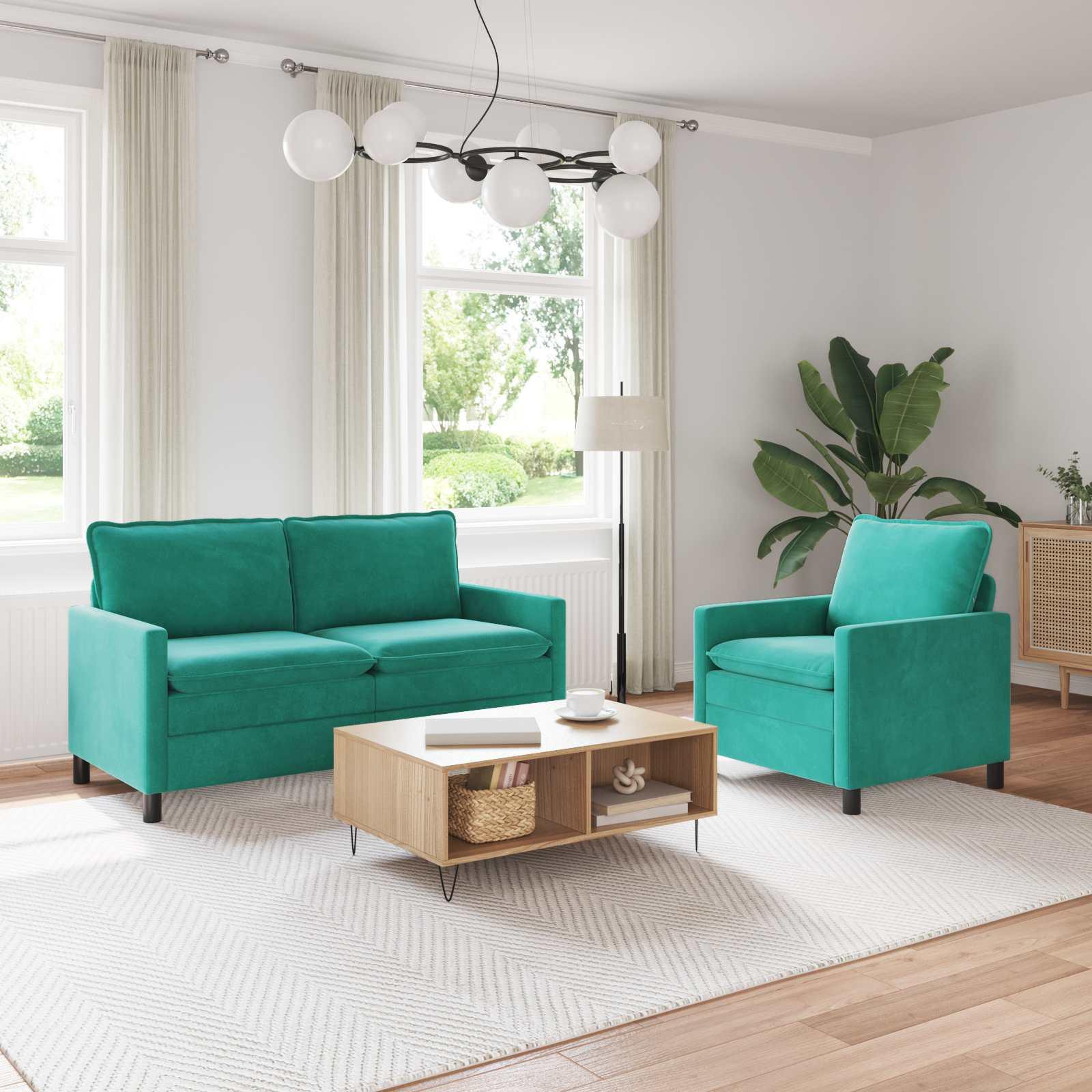 Sofa sæt i turkis fløjl - 2-pers. sofa + lænestol billede