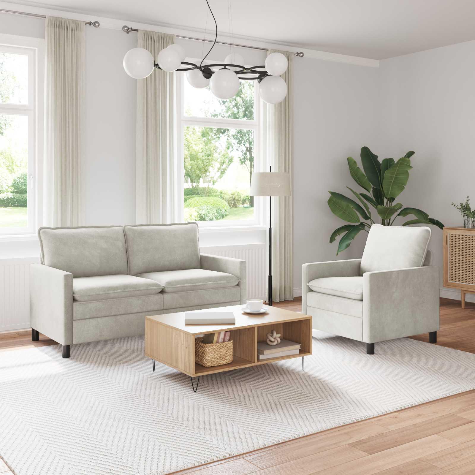 Sofa sæt i cremefarvet fløjl - 2-pers. sofa + lænestol billede