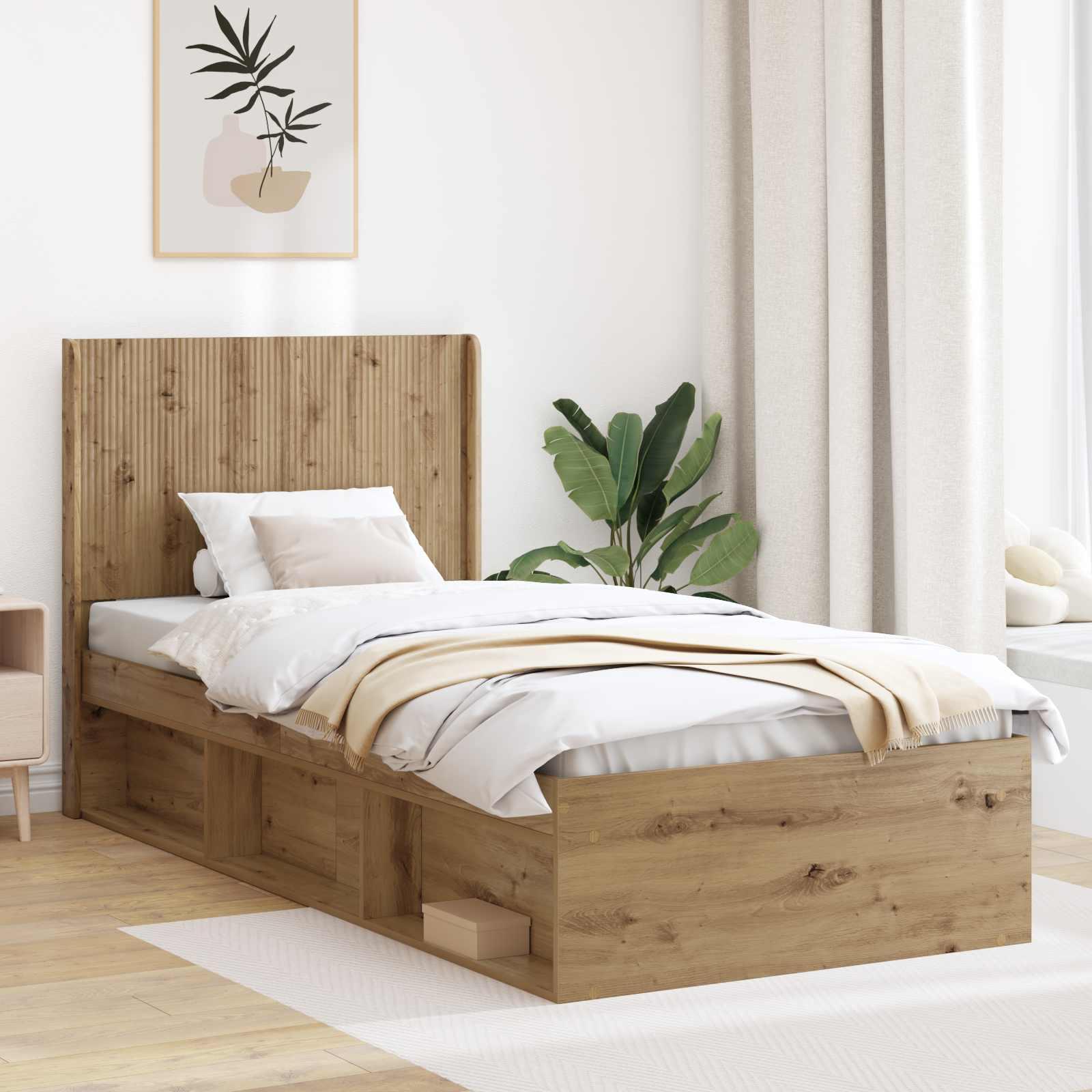Sengestel med opbevaring og hovedgærde Artisan-eg 90 x 200 cm billede