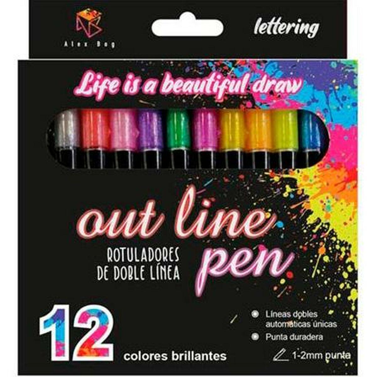 Alex Bog Outliner fiberpenne - 12 farver, dobbelte linjer (1-2 mm) billede