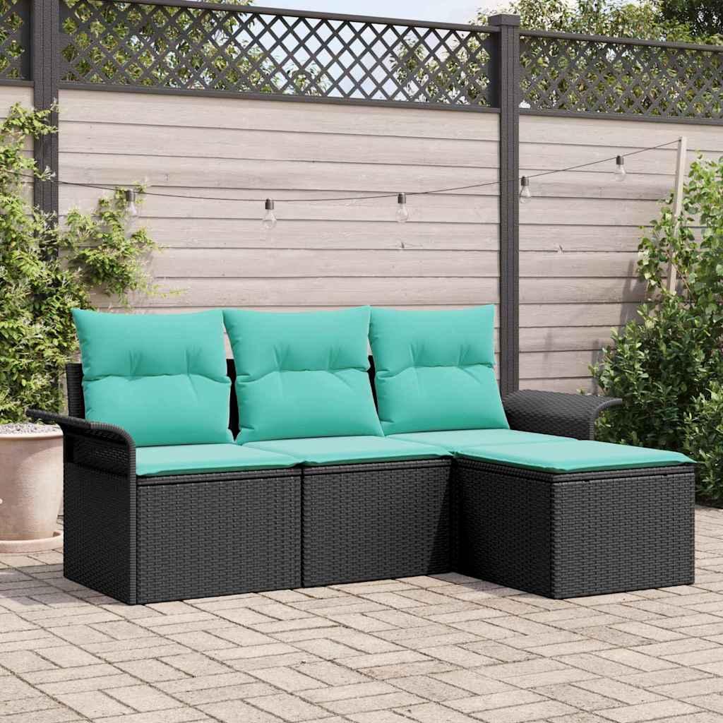 Havesofa Sæt med pude 4 stk Sort polyrattan billede
