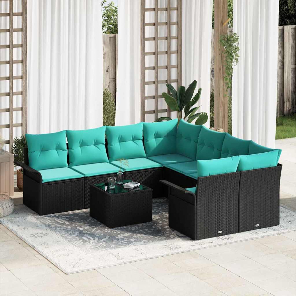 Havesofa Sæt med pude 9 stk Sort polyrattan billede