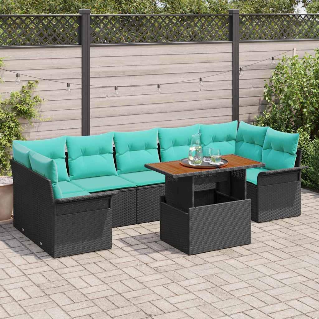 Havesofa Sæt med pude 8 stk Sort og Blå polyrattan billede