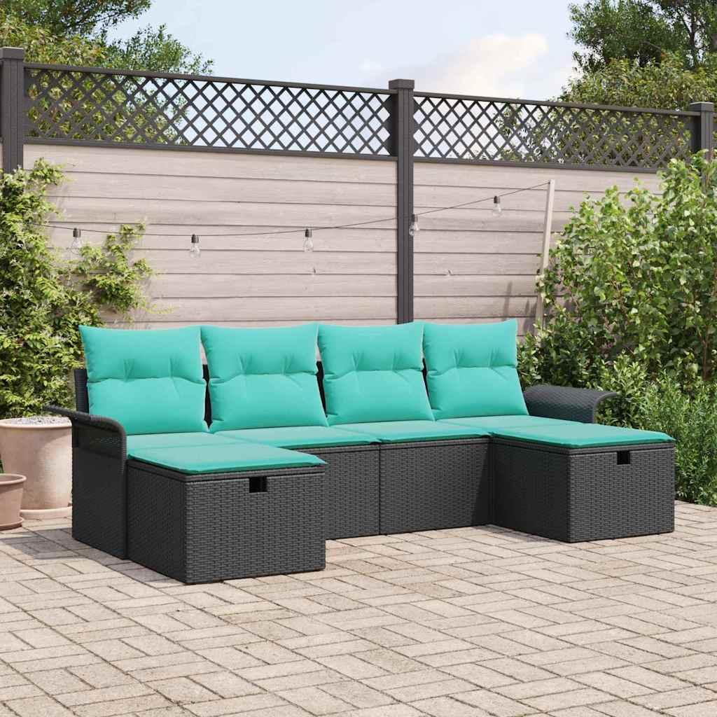 Havesofa Sæt med pude 6 stk Sort og turkis polyrattan billede