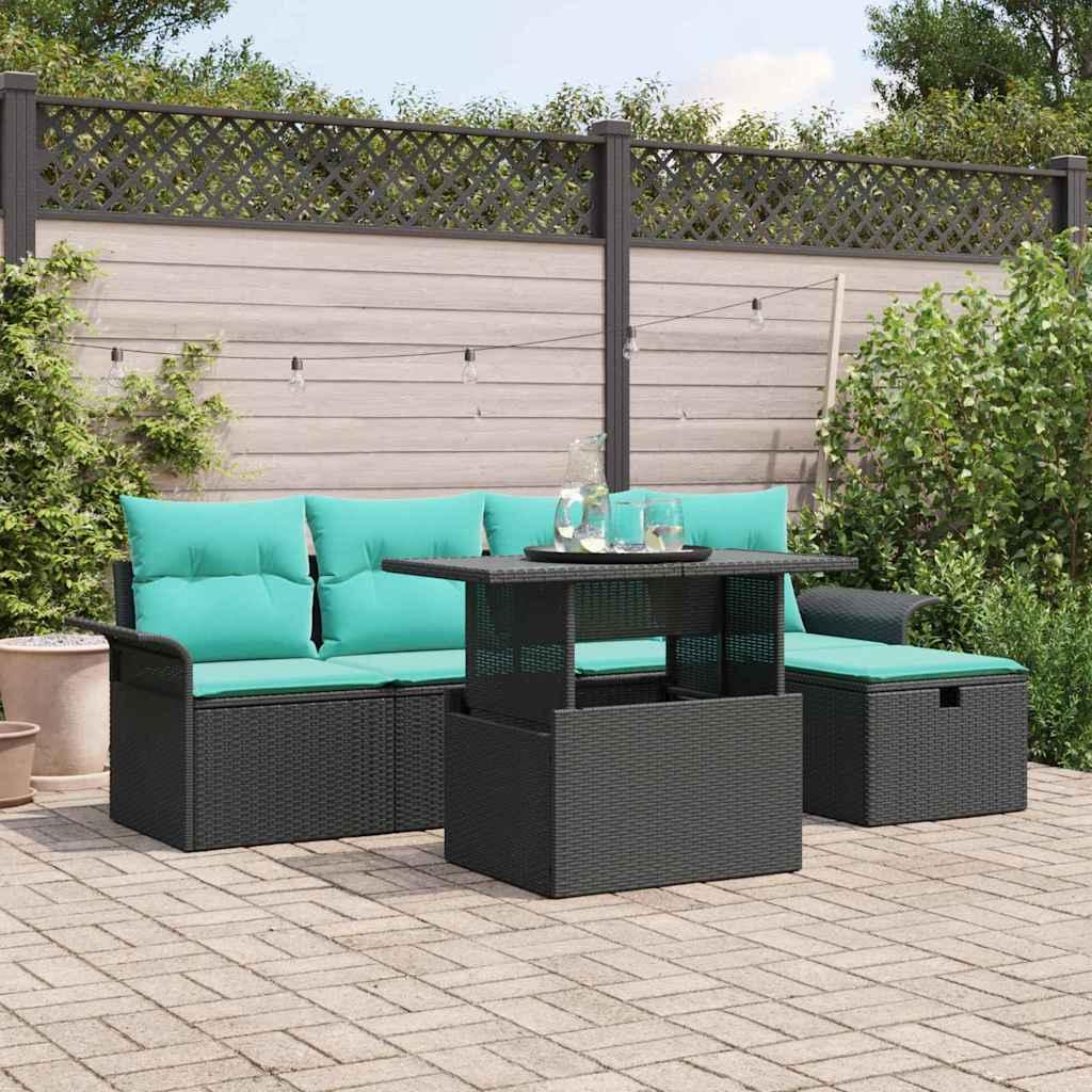 Havesofa Sæt med pude med opbevaring 6 stk Sort polyrattan billede