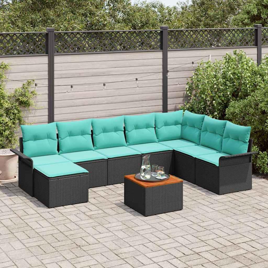 Havesofa Sæt med opbevaring 9 stk Sort og turkis polyrattan billede