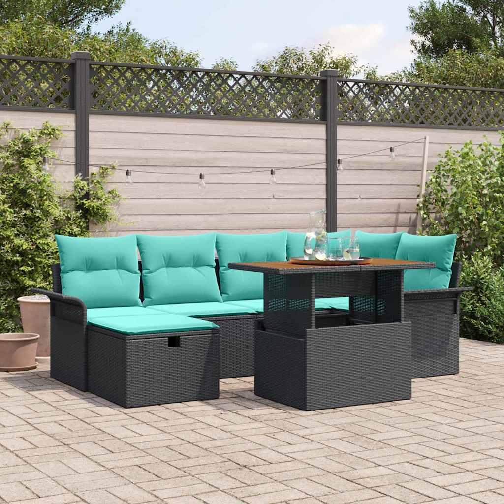 Havesofa sæt 7 dele i sort polyrattan med bord