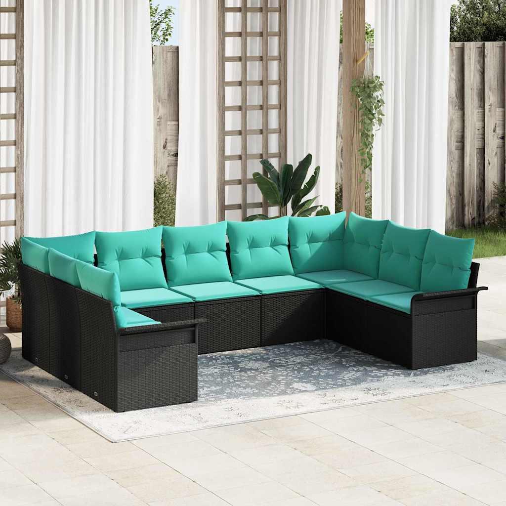Havesofa Sæt med pude 9 stk Sort polyrattan billede