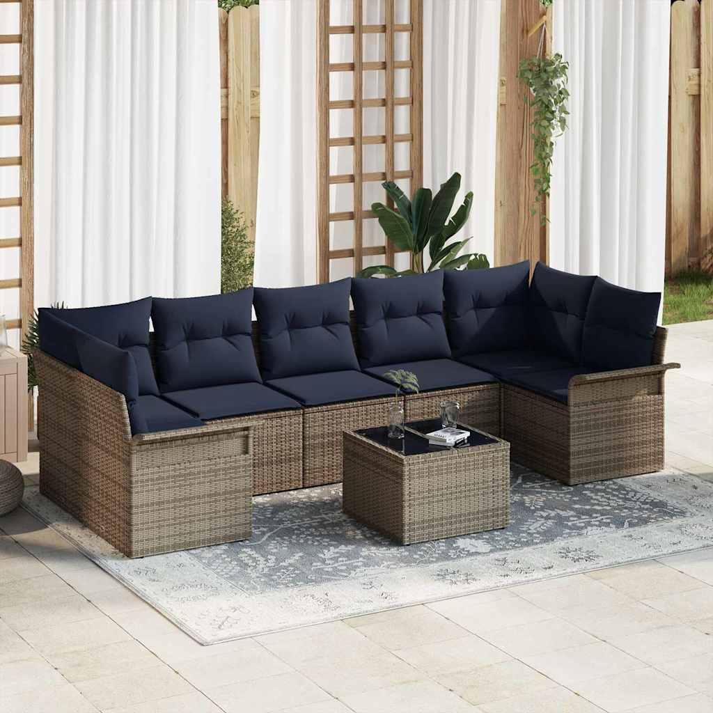 Havesofa Sæt med pude 8 stk Grå og Marineblå polyrattan billede