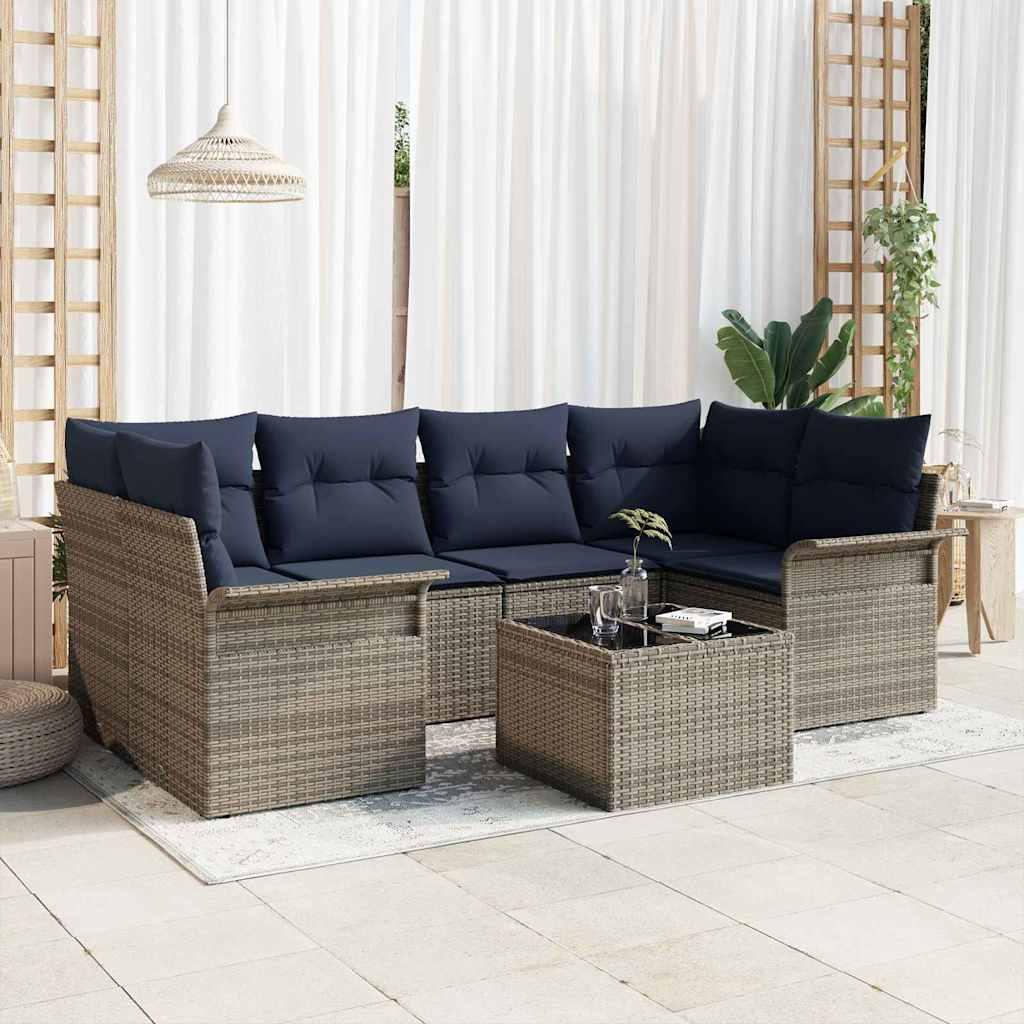 Havesofa Sæt med pude 7 stk Grå og Marineblå polyrattan billede