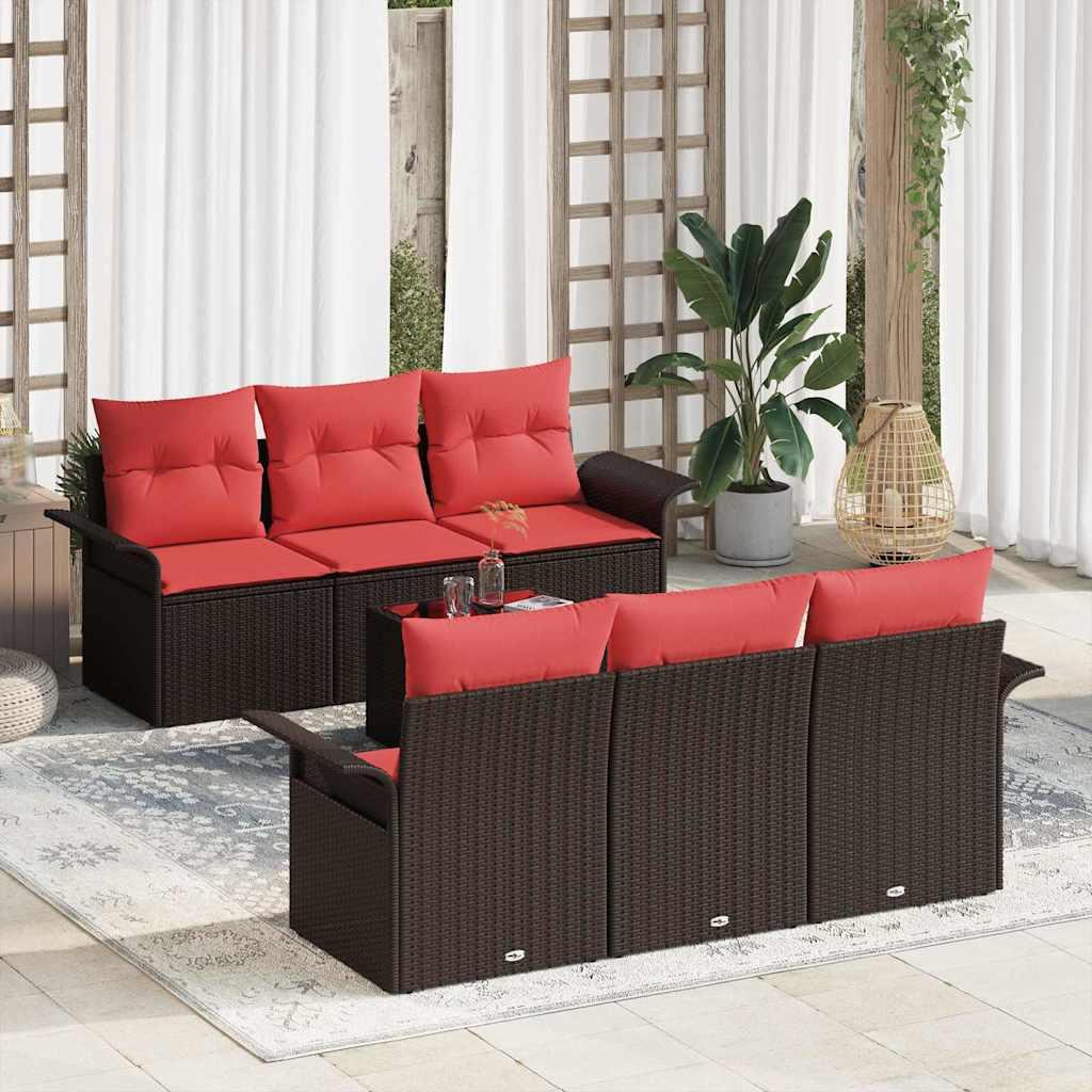 Havesofa sæt i polyrattan - 7 dele, beige/rød med bord i glas billede